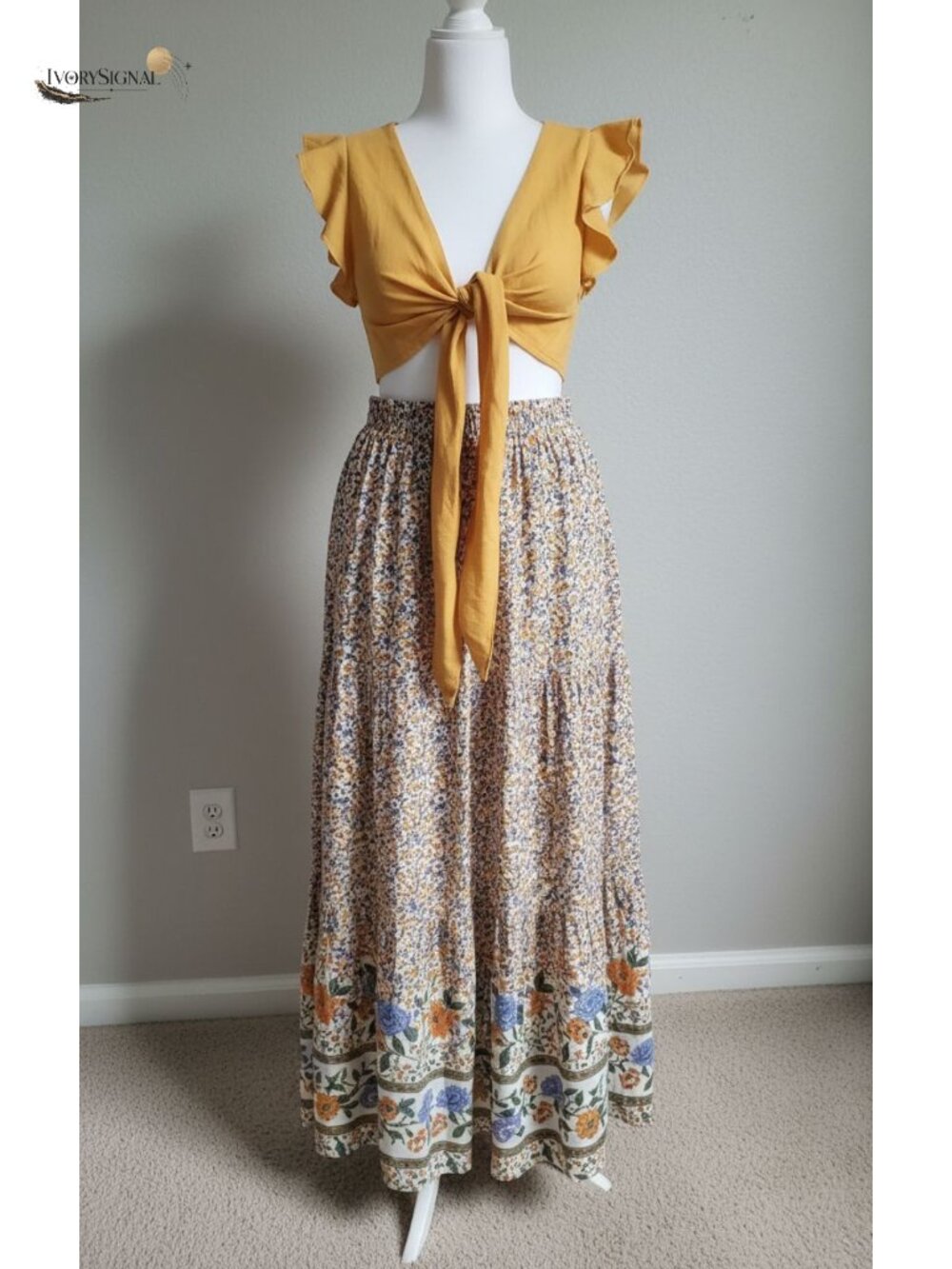 Bohemian Floral Print A Line Maxi Skirt Elastic Waist Ruffled